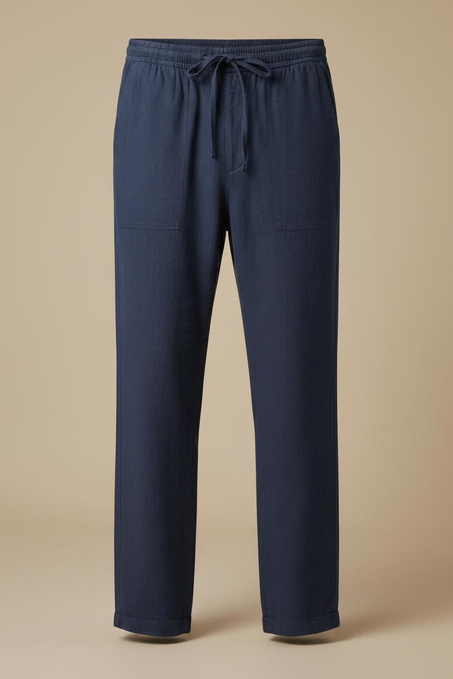 Pantalon Chinois Bleu Marine Lin Ample Homme Décontracté - vue 3