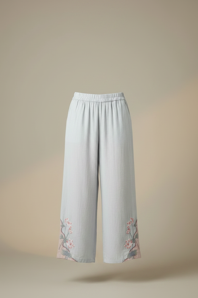 Pantalon Chinois Lin Ample Brodé Ethnique Clair - Bleu - vue 3