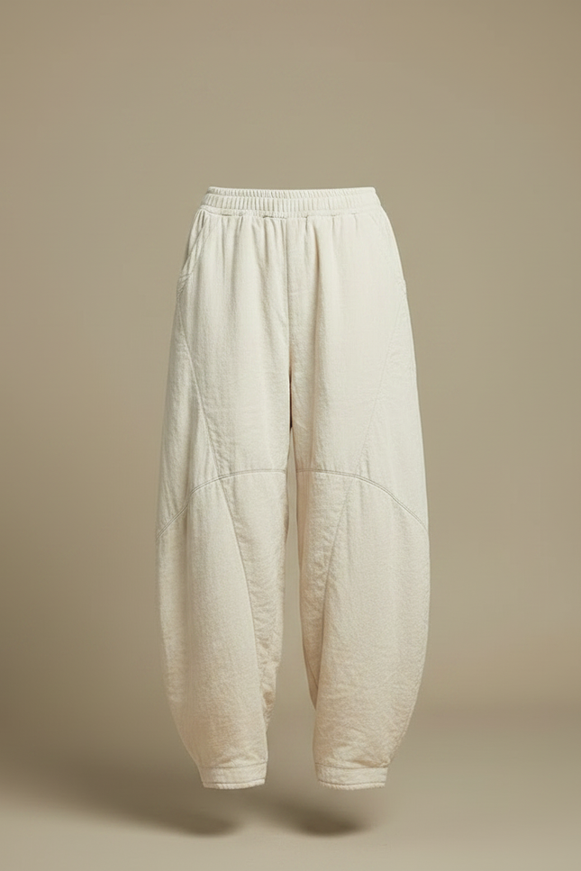 Pantalon Chinois Écru Matelassé Ample Harem Décontracté - Beige Coton - vue 3
