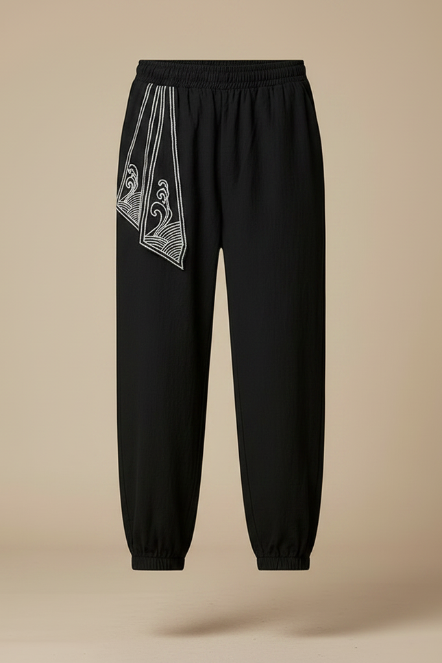 Pantalon Chinois Noir Brodé Harem Coton Homme - Lin - vue 3