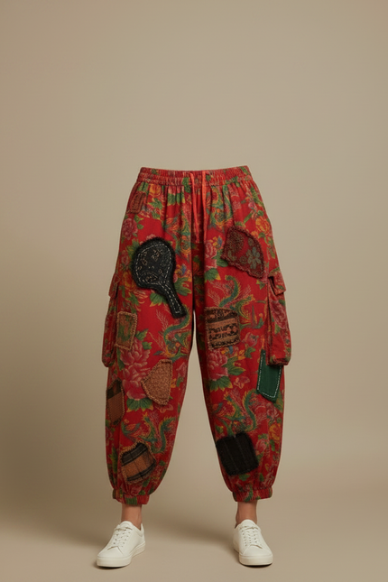 Pantalon Chinois Rouge Fleuri Ample Patchwork Coton - vue 3