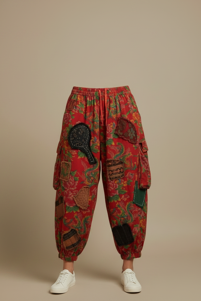 Pantalon Chinois Rouge Fleuri Ample Patchwork Coton - vue 3