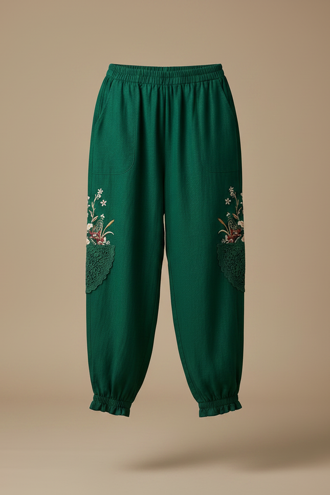 Pantalon Chinois Vert Brodé Harem Coton Ethnique - vue 3
