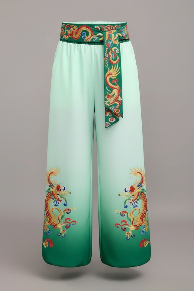 Pantalon Chinois Dégradé Vert Dragon Satiné Ample - vue 3