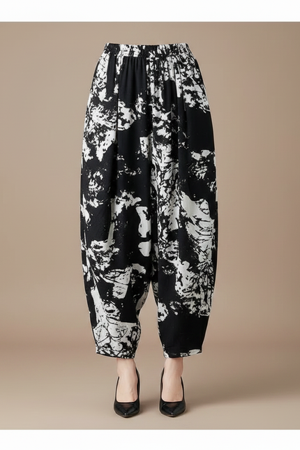 Pantalon Chinois Noir Blanc Imprimé Ample Harem Coton - vue 3