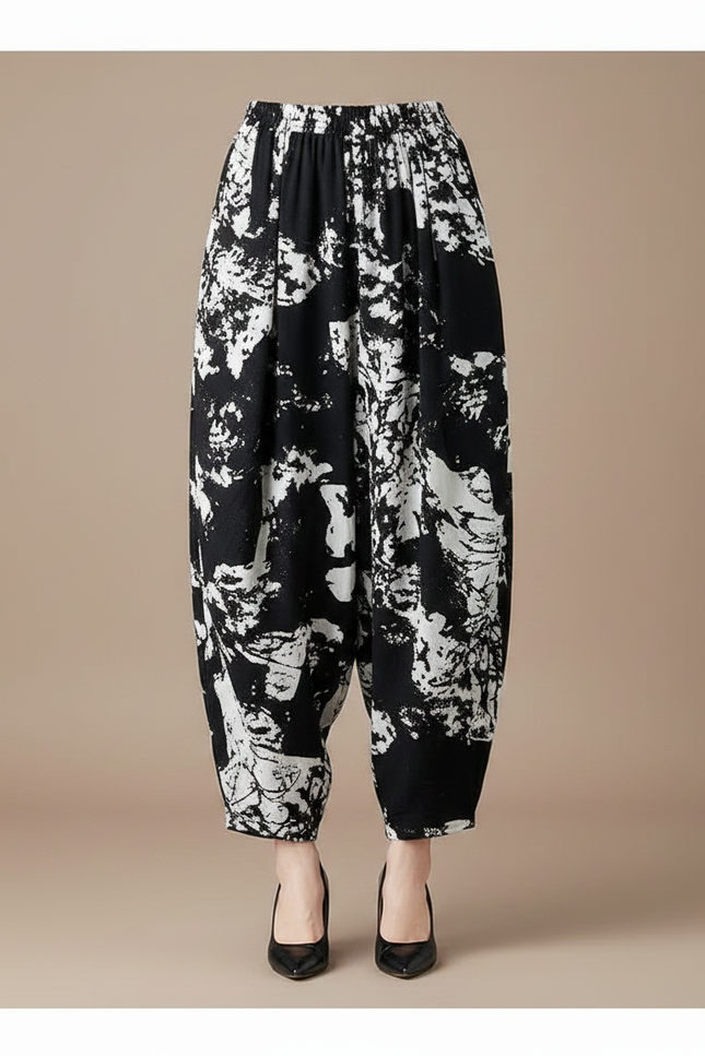 Pantalon Chinois Noir Blanc Imprimé Ample Harem Coton - vue 3