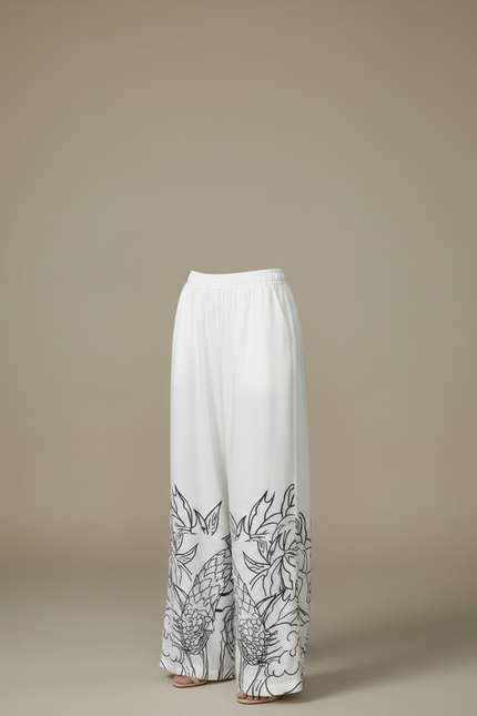 Pantalon Chinois Blanc Fluide Ample Imprimé Dragon - Satin - vue 3