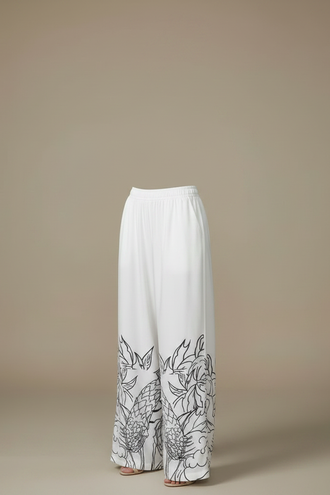 Pantalon Chinois Blanc Fluide Ample Imprimé Dragon - Satin - vue 3