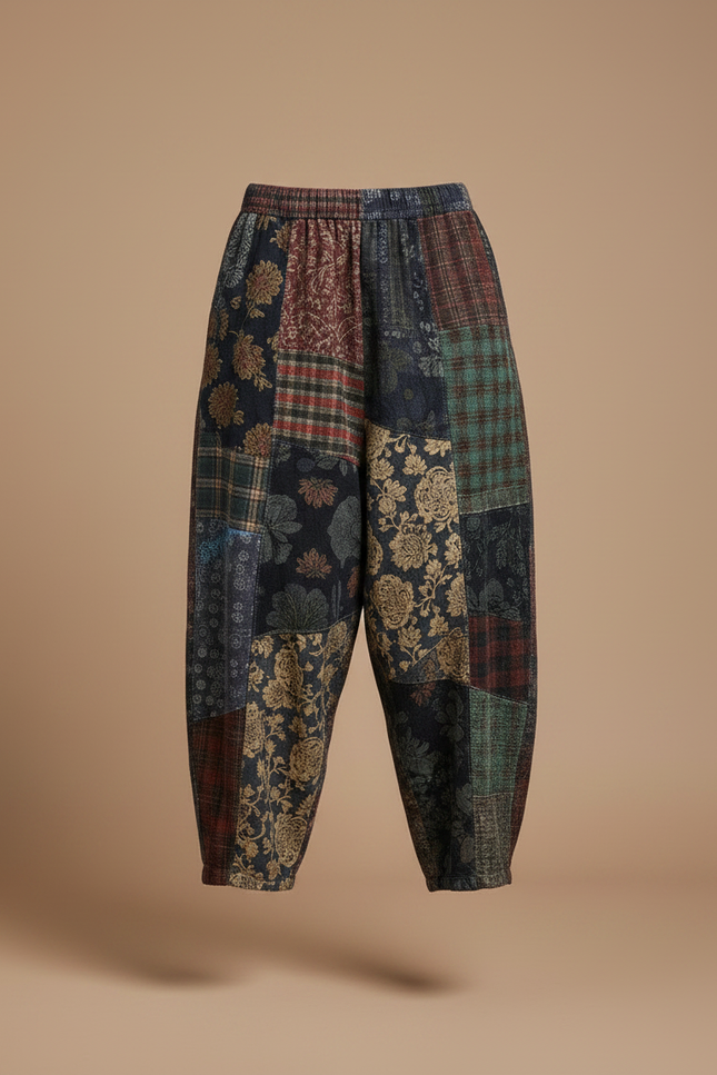 Pantalon Chinois Patchwork Ample Imprimé Floral Épais Femme - Multicolore Tweed - vue 3