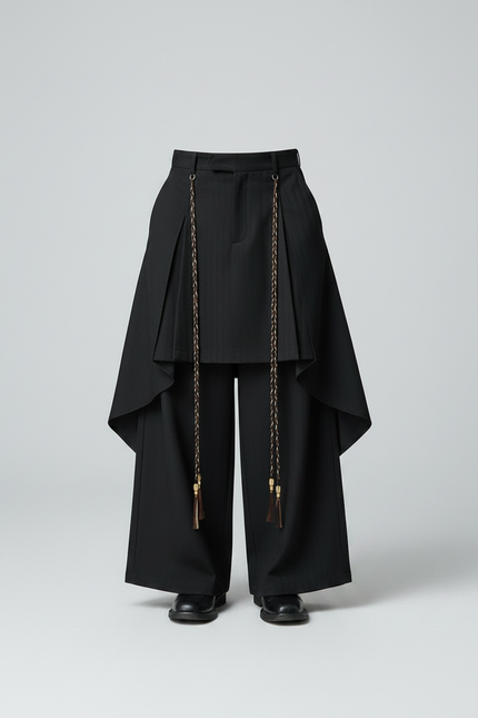 Pantalon Chinois Noir Ample Plissé Gothique Tassels - Gabardine - vue 3