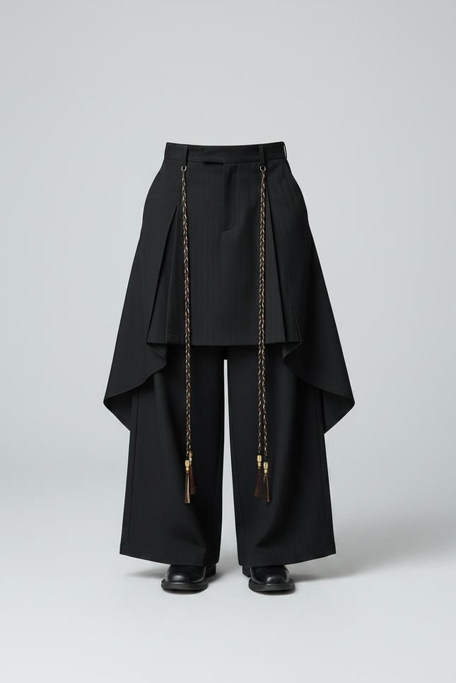 Pantalon Chinois Noir Ample Plissé Gothique Tassels - Gabardine - vue 3