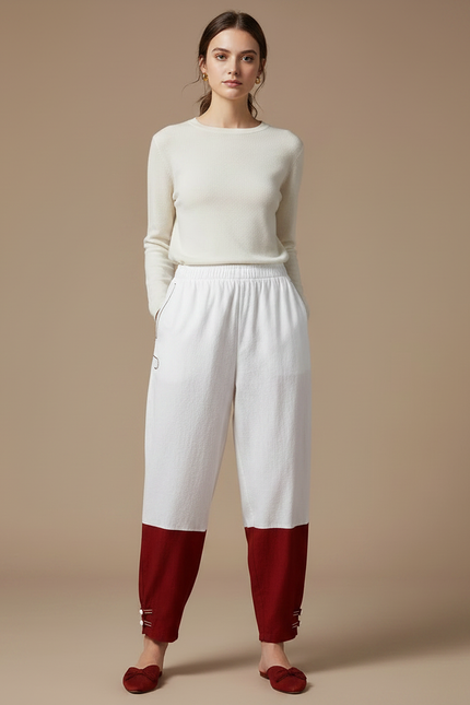 Pantalon Chinois Bicolore Ample Coton Décontracté Femme - Multicolore Lin - vue 3