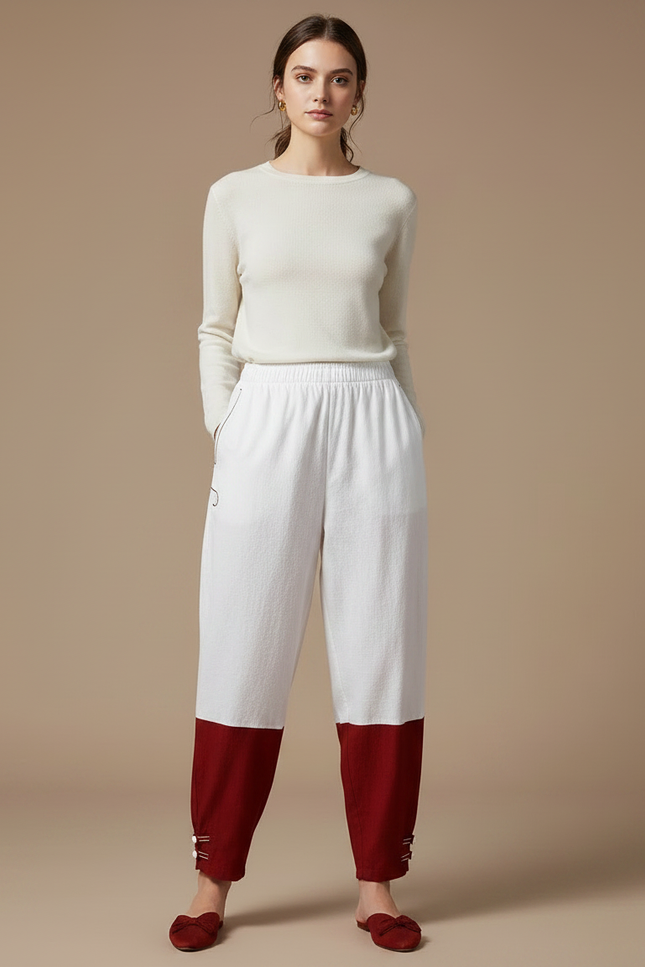 Pantalon Chinois Bicolore Ample Coton Décontracté Femme - Multicolore Lin - vue 3