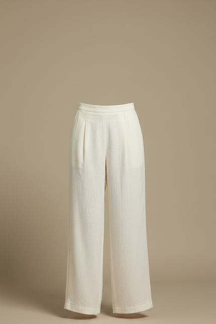 Pantalon Chinois Crème Lin Ample Plissé Décontracté - Beige - vue 3