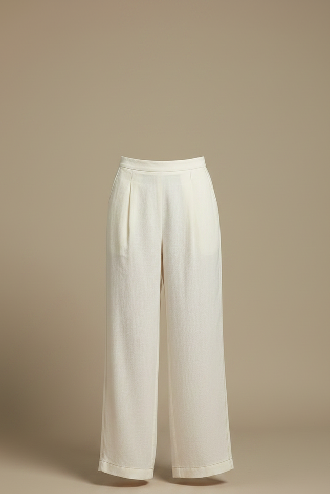 Pantalon Chinois Crème Lin Ample Plissé Décontracté - Beige - vue 3