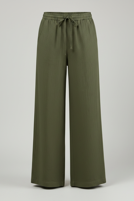 Pantalon Chinois Vert Armée Lin Ample Décontracté - Kaki - vue 3