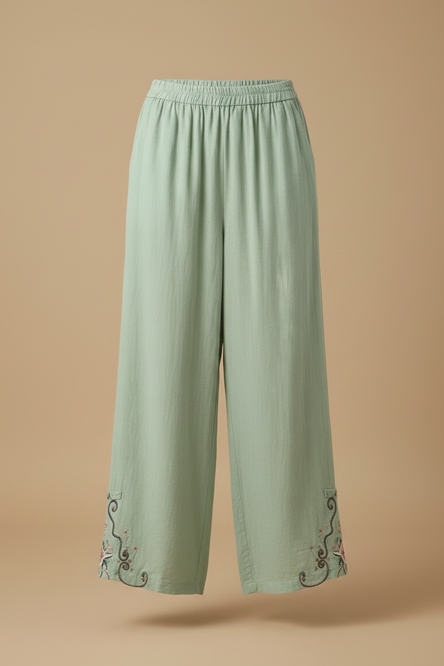 Pantalon Chinois Vert Fluide Brodé Élastique Femme - Lin - vue 3
