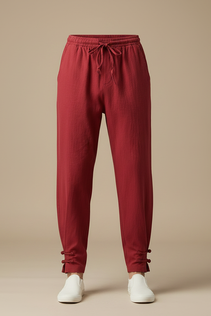 Pantalon Chinois Rouge Coton Lin Ample Décontracté - vue 3
