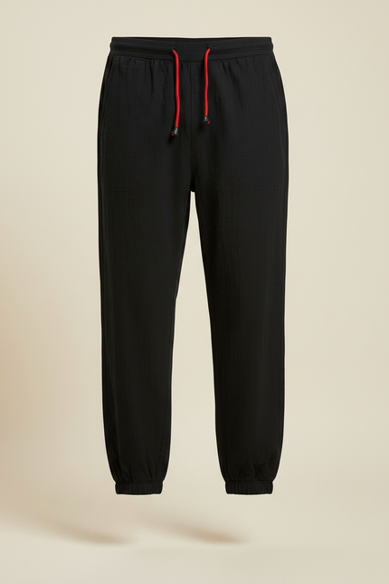 Pantalon Chinois Noir Ample Coton Lin Jogging - vue 3