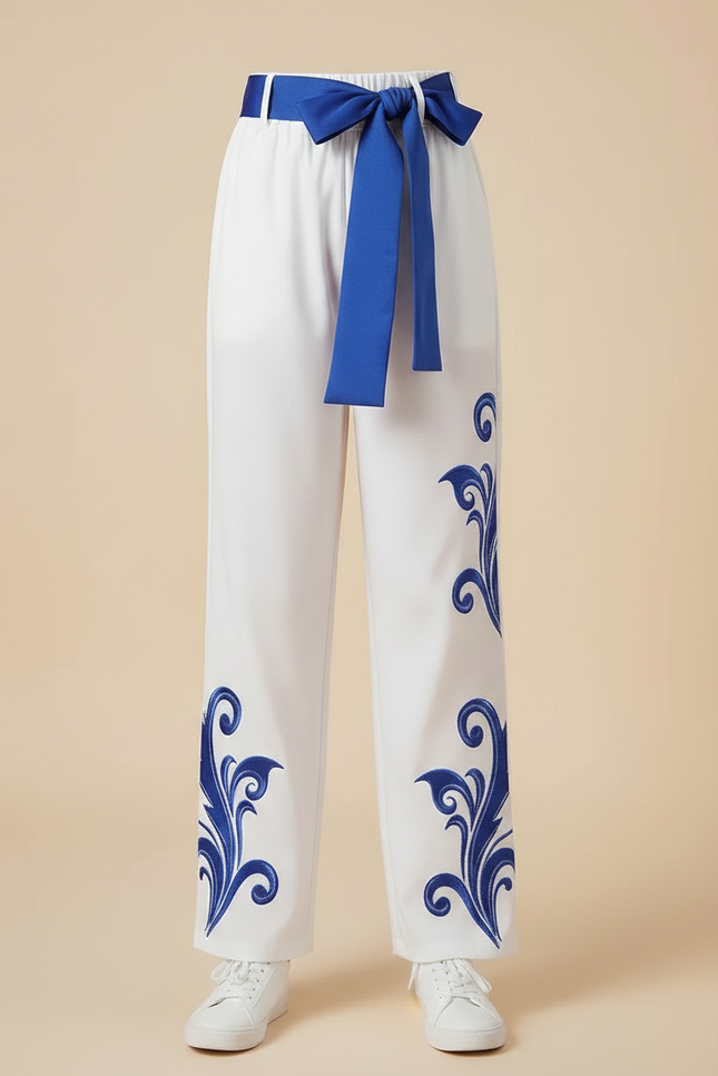 Pantalon Chinois Blanc Ample Brodé Bleu Enfant - Polyester - vue 3