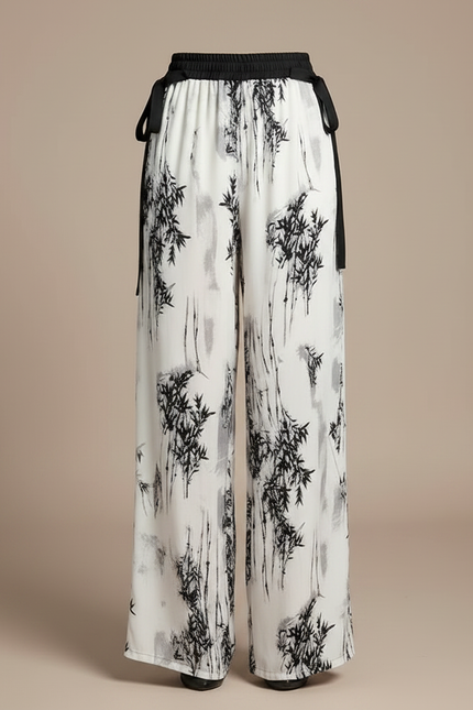Pantalon Chinois Fluide Imprimé Bambou Noir Blanc Ample - Viscose - vue 3