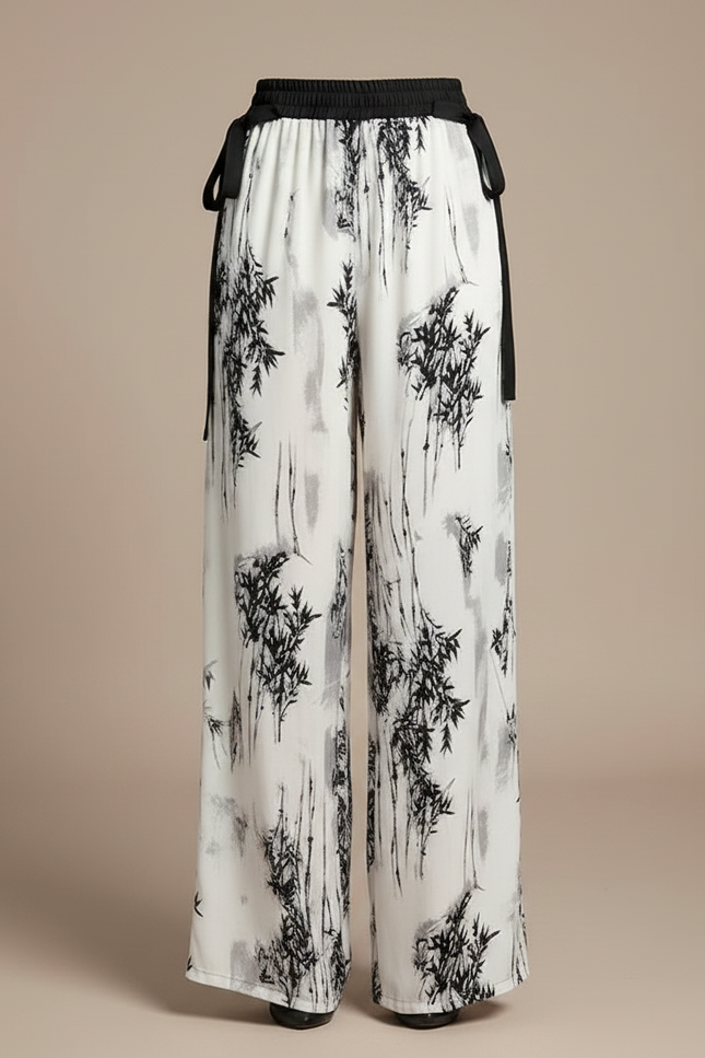 Pantalon Chinois Fluide Imprimé Bambou Noir Blanc Ample - Viscose - vue 3