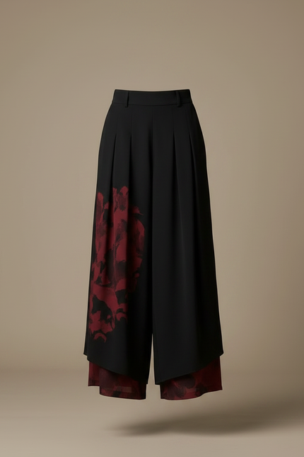 Pantalon Chinois Noir Imprimé Rouge Fluide Ample - Viscose - vue 3