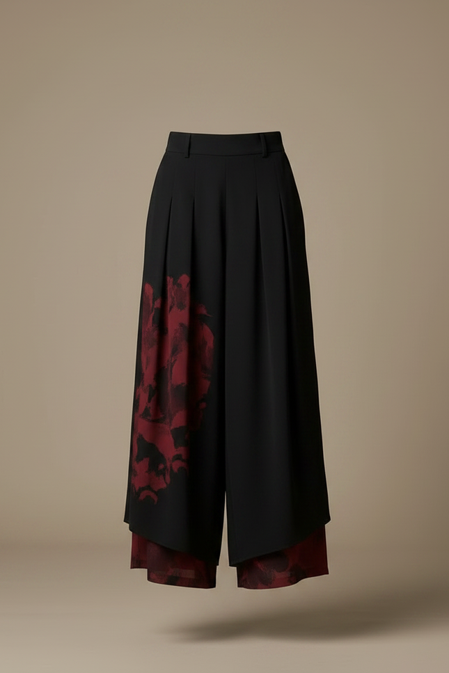 Pantalon Chinois Noir Imprimé Rouge Fluide Ample - Viscose - vue 3