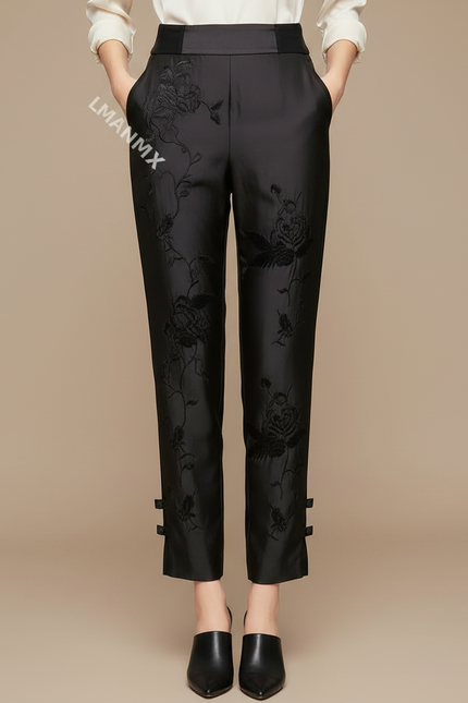Pantalon Chinois Noir Brodé Floral Slim Élégant Femme - Satin - vue 3
