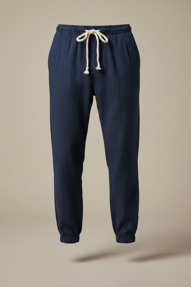 Pantalon Chinois Marine Lin Ample Cordon Décontracté - vue 3
