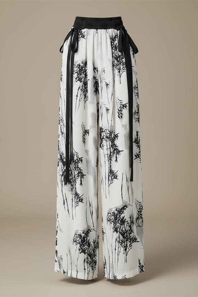 Pantalon Chinois Blanc Imprimé Bambou Fluide Ample - Lin - vue 3