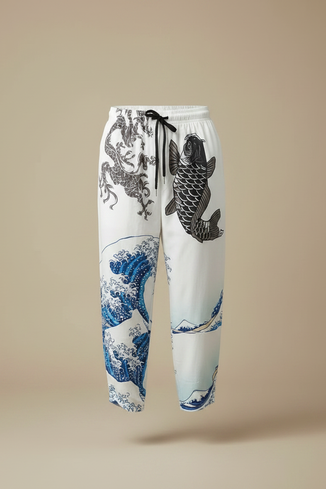 Pantalon Chinois Blanc Harem Dragon Carpe Vagues - Coton - vue 3