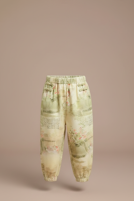 Pantalon Chinois Jaune Vert Ample Imprimé Floral Enfant - Multicolore Viscose - vue 3