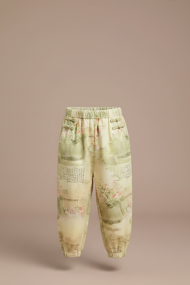 Pantalon Chinois Jaune Vert Ample Imprimé Floral Enfant - Multicolore Viscose - vue 3