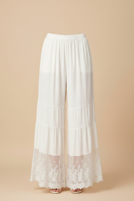 Pantalon Chinois Blanc Ample Fluide Brodé Dentelle - Lin - vue 3
