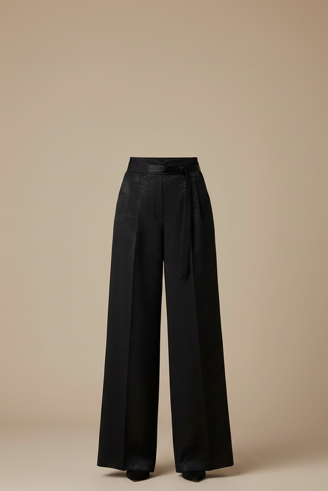 Pantalon Chinois Noir Jacquard Ample Ceinturé Fluide - Satin - vue 3