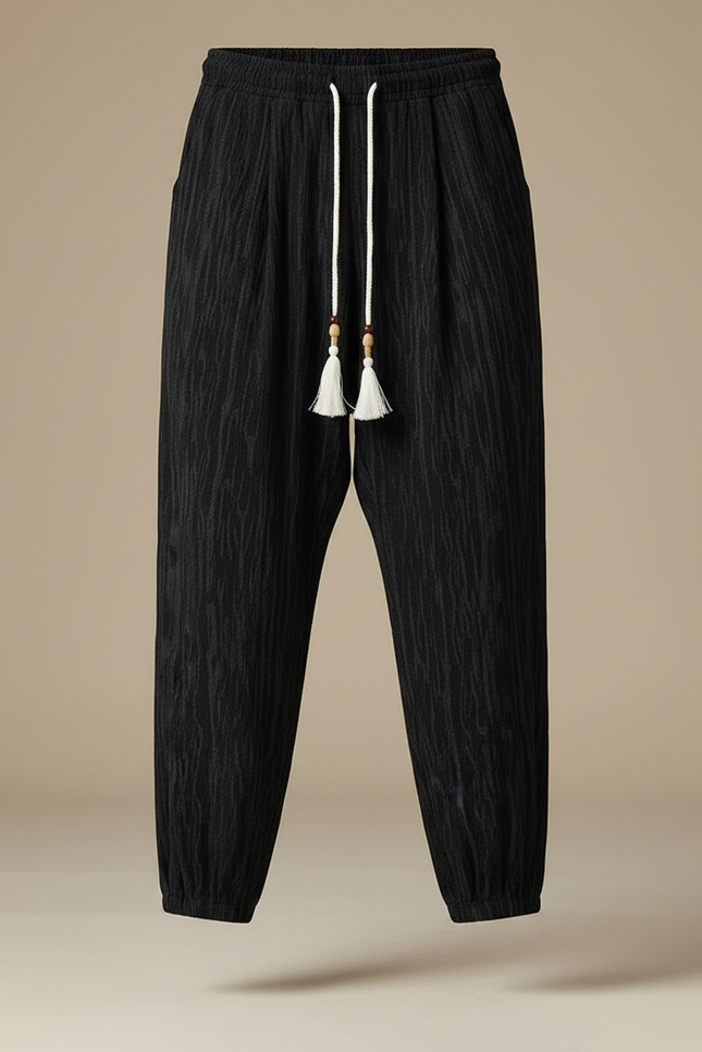 Pantalon Chinois Noir Ample Texturé Décontracté Homme - Lin - vue 3