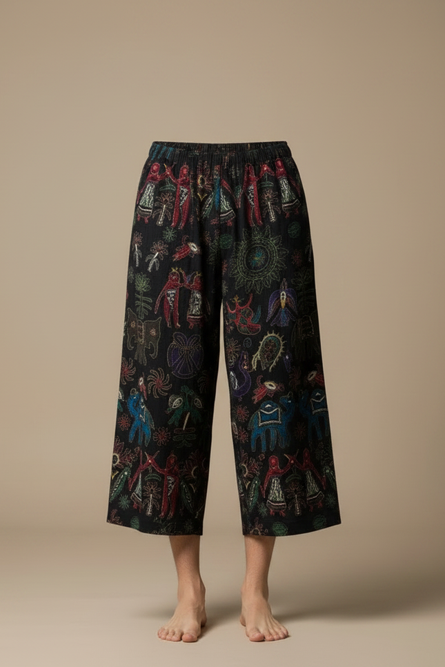 Pantalon Chinois Noir Ample Motifs Ethniques Colorés - Toile - vue 3
