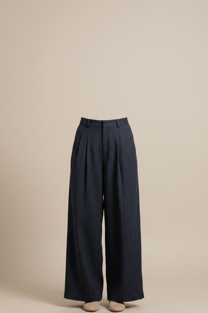 Pantalon Chinois Bleu Marine Large Plissé Décontracté Fluide - Cordé - vue 3