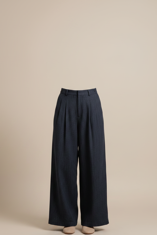 Pantalon Chinois Bleu Marine Large Plissé Décontracté Fluide - Cordé - vue 3