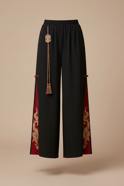 Pantalon Chinois Noir Brodé Dragon Rouge Ample - Viscose - vue 3