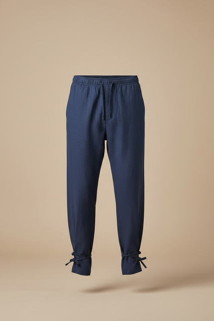 Pantalon Chinois Bleu Marine Lin Ample Liens Cheville - vue 3