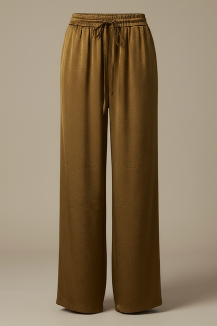 Pantalon Chinois Satin Fluide Ample Taille Haute Vert - Kaki - vue 3