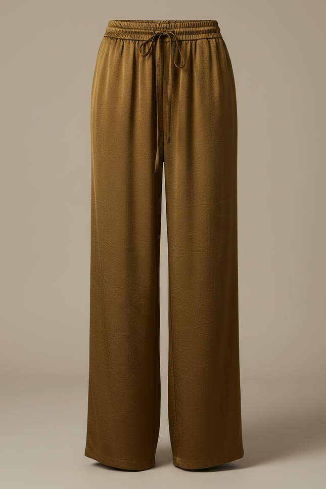 Pantalon Chinois Satin Fluide Ample Taille Haute Vert - Kaki - vue 3