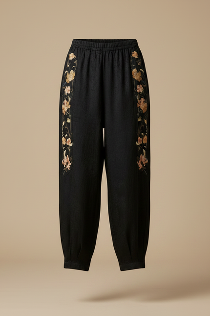 Pantalon Chinois Noir Brodé Ample Satin Femme - vue 3
