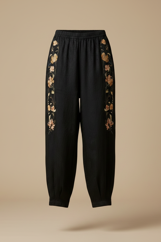 Pantalon Chinois Noir Brodé Ample Satin Femme - vue 3