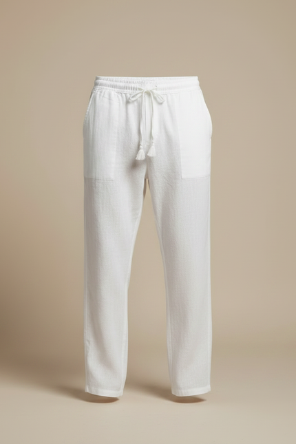 Pantalon Chinois Blanc Lin Ample Décontracté Cordon - vue 3