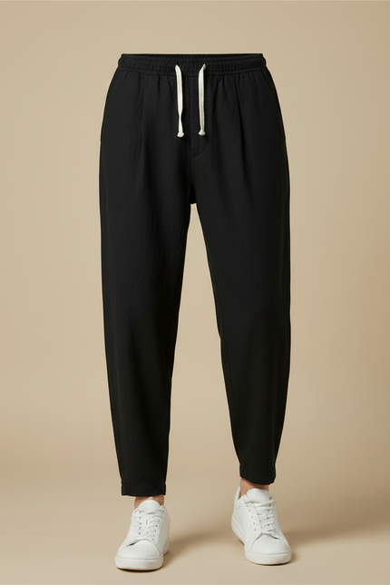 Pantalon Chinois Noir Lin Ample Décontracté - vue 3
