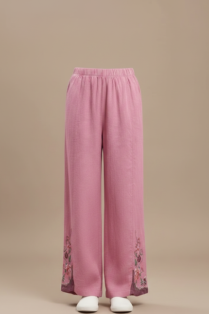 Pantalon Chinois Rose Brodé Lin Ample Fille Décontracté - vue 3