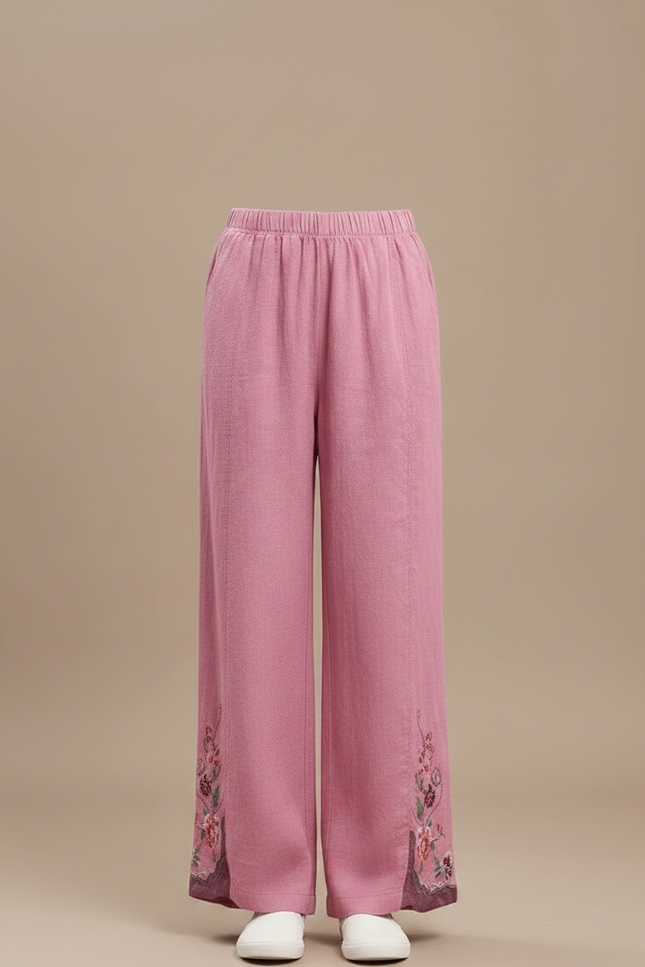 Pantalon Chinois Rose Brodé Lin Ample Fille Décontracté - vue 3